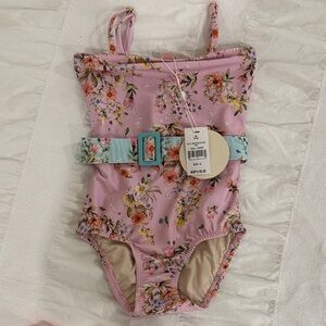 PQ Swim Pink Floral One-Piece Swimsuit with Blue Belt